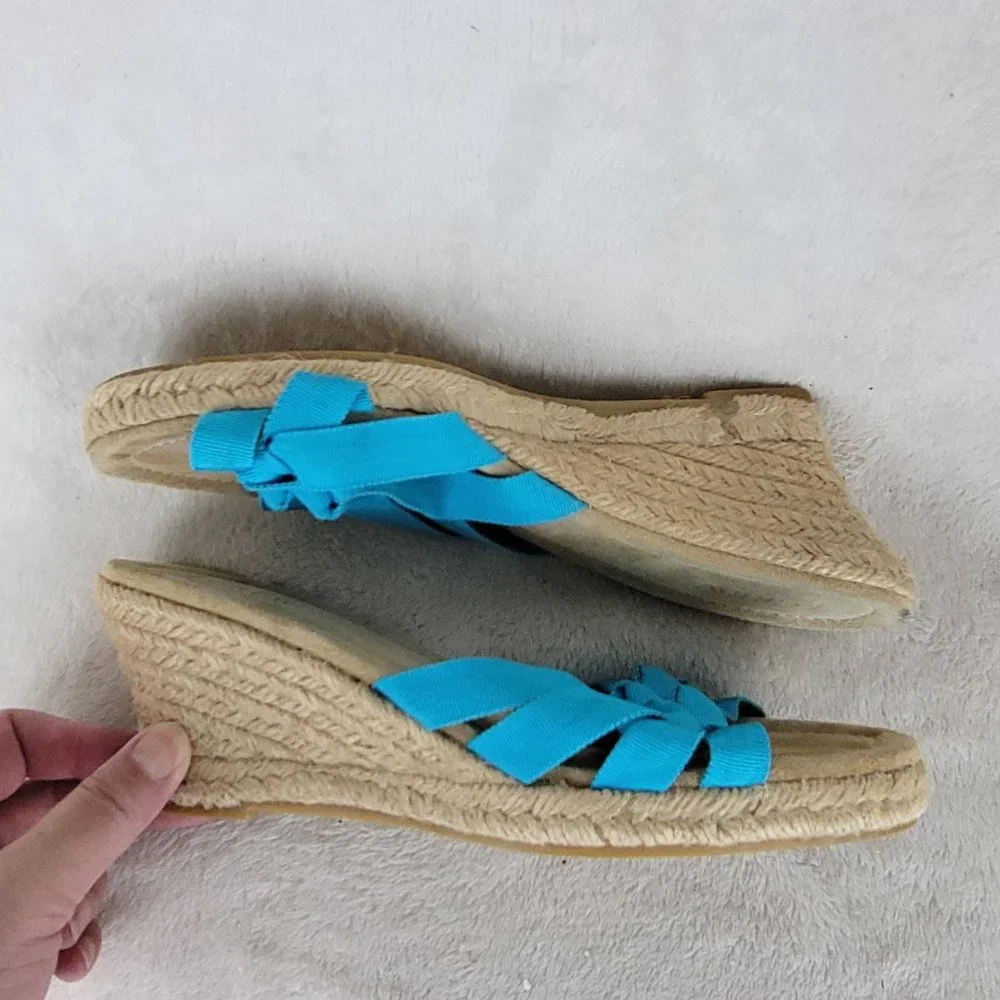 J. Crew Blue Strappy Espadrille Platform Mid Heels Wedge Sandals 8 Made in Italy